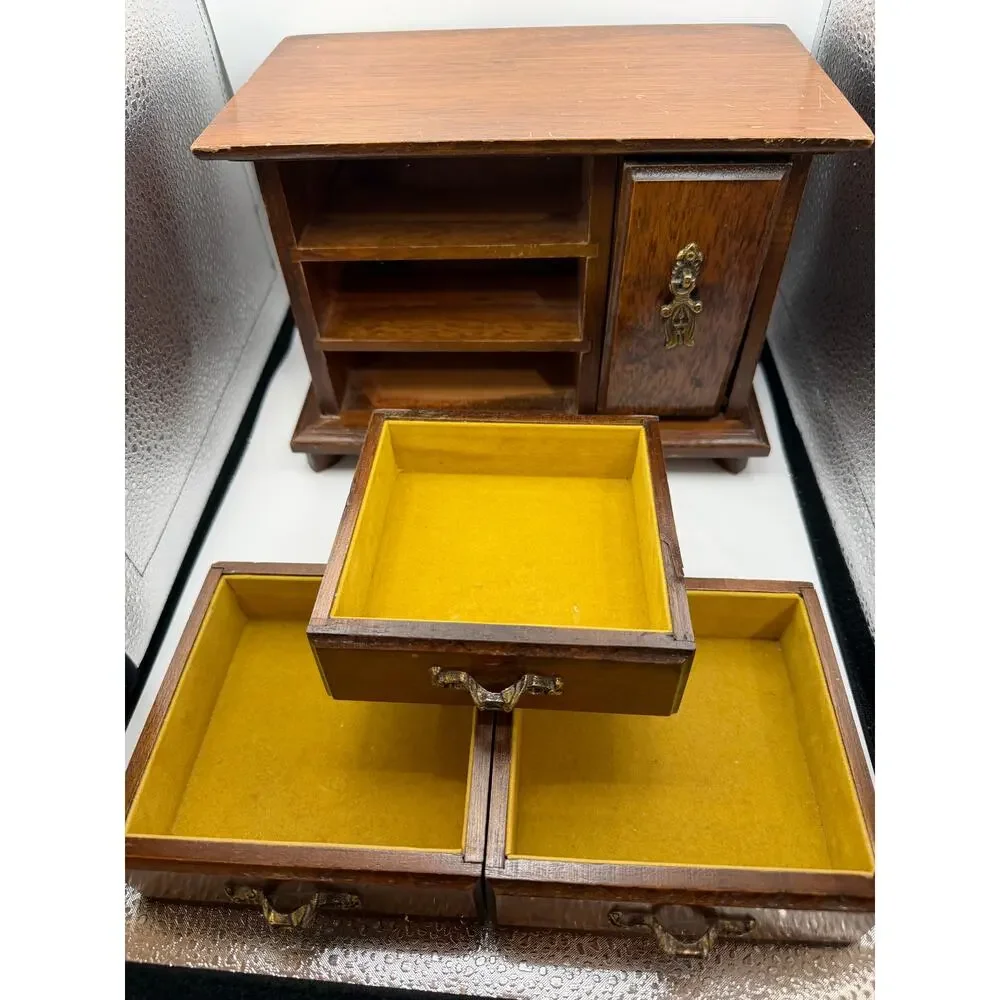 Vintage Wooden Jewelry Box Armoire Chest 3 Drawers Ring Roll Cabinet Organizer